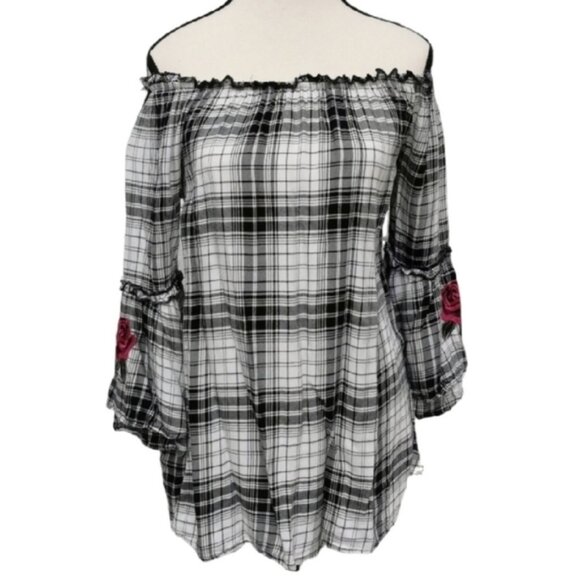 Design Lab by Lord & Taylor Plaid Off the Shoulder Blouse - Sz S - Picture 1 of 8